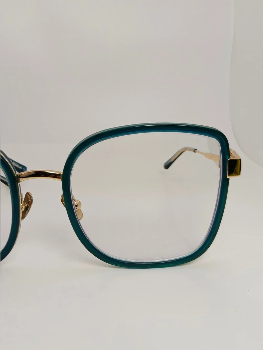 Margot. Stylish Teal Square Women's Eyewear with Gold Accents. Full Metal Frame.